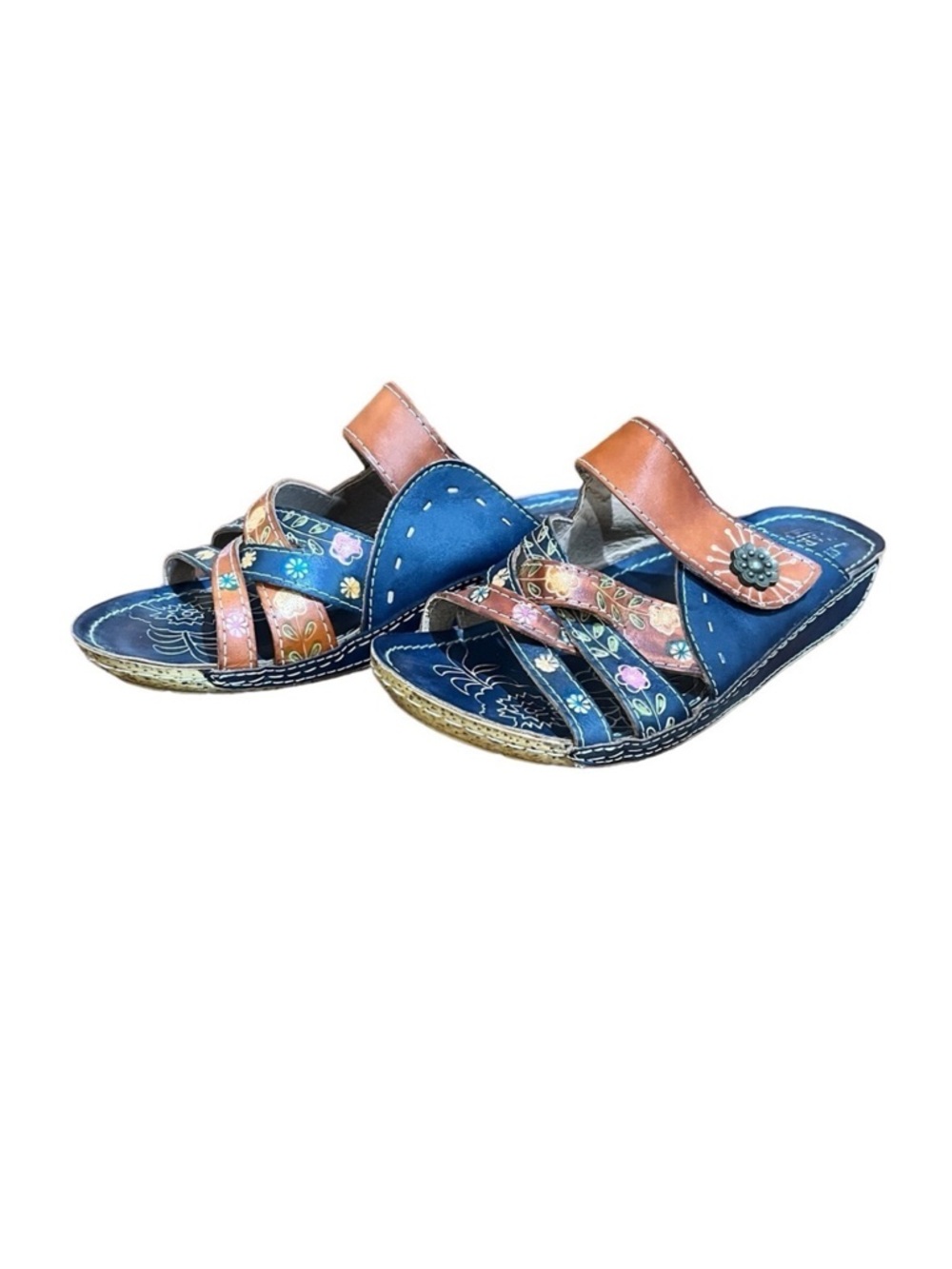 L’ Artiste 38 Leather Leigh Navy Floral Sandals Boho Coastal Grandma
